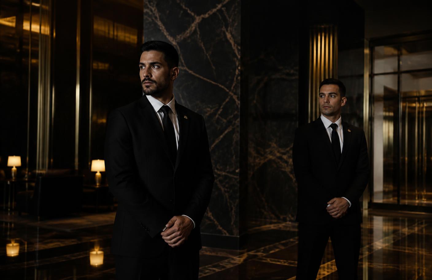 Agents K1 SECURITY en costume dans un hall d'hôtel